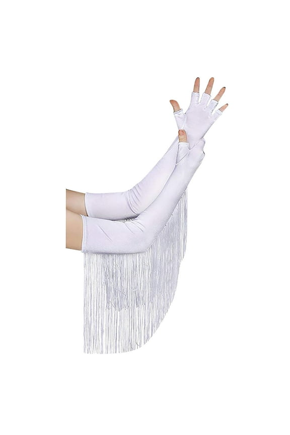 Women's Long Opera Pageant Gloves 1920s Tassel Half Finger Elbow Wedding Gloves for Masquerade Events White,One Size