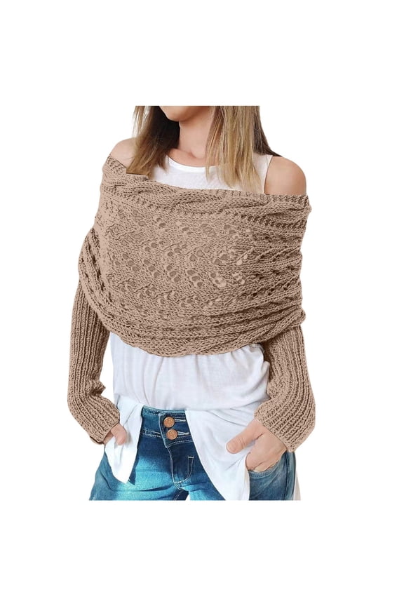 Women's Long Sleeve Knit Poncho Shawl with Openwork Pattern, Solid Color Cardigan Scarf for Women, Warm Oversized Wrap for Fall and Winter Khaki