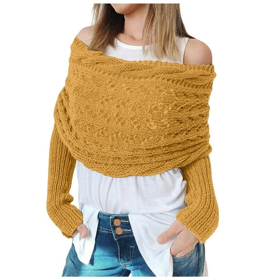 AWZXDE Women's Long Sleeve Knit Poncho Shawl with Openwork Pattern, Solid Color Cardigan Scarf for Women, Warm Oversized Wrap for Fall and Winter Yellow