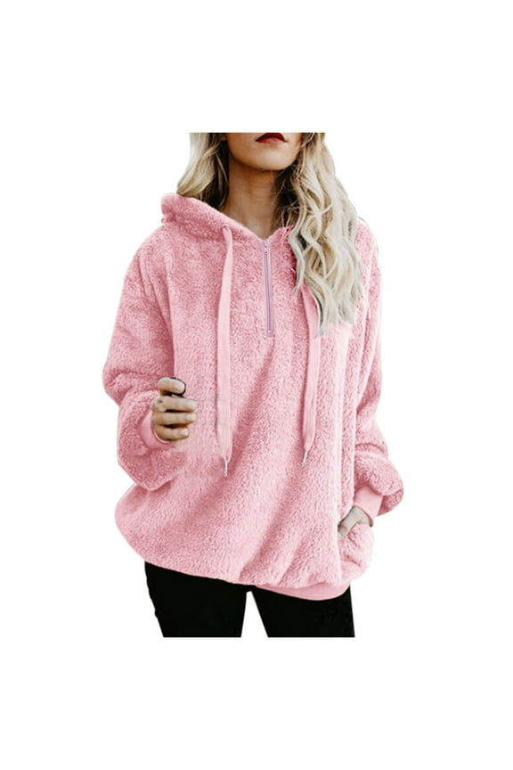 Women's Long Sleeve Solid Color Half Zip Pullover with Drawstring Hooded Wool Jacket Cozy Soft Warm Loungewear Casual Outerwear Pink,S