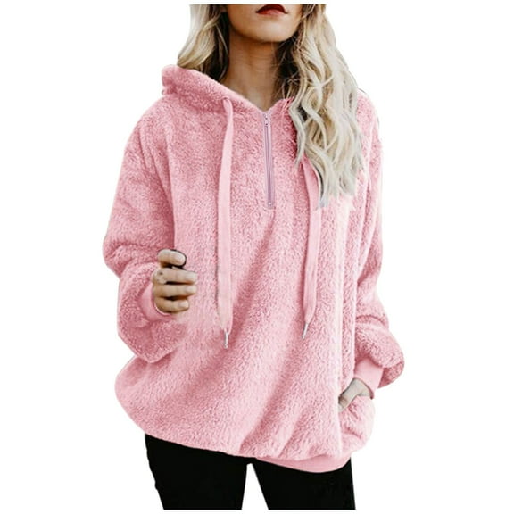 AWZXDE Women's Long Sleeve Solid Color Half Zip Pullover with Drawstring Hooded Wool Jacket Cozy Soft Warm Loungewear Casual Outerwear Pink,XXXL
