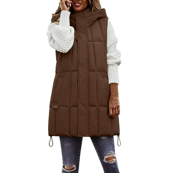 AWZXDE Women's Long Sleeveless Quilted Coat with Square Pattern, Drawstring Hood Zipper Pocket Outdoor Warm Layering Coffee,L
