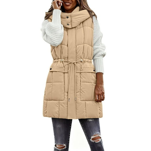 AWZXDE Women's Long Sleeveless with Drawstring & Zipper, Belted Waist Casual Fashion Hooded Winter Vest Khaki,M
