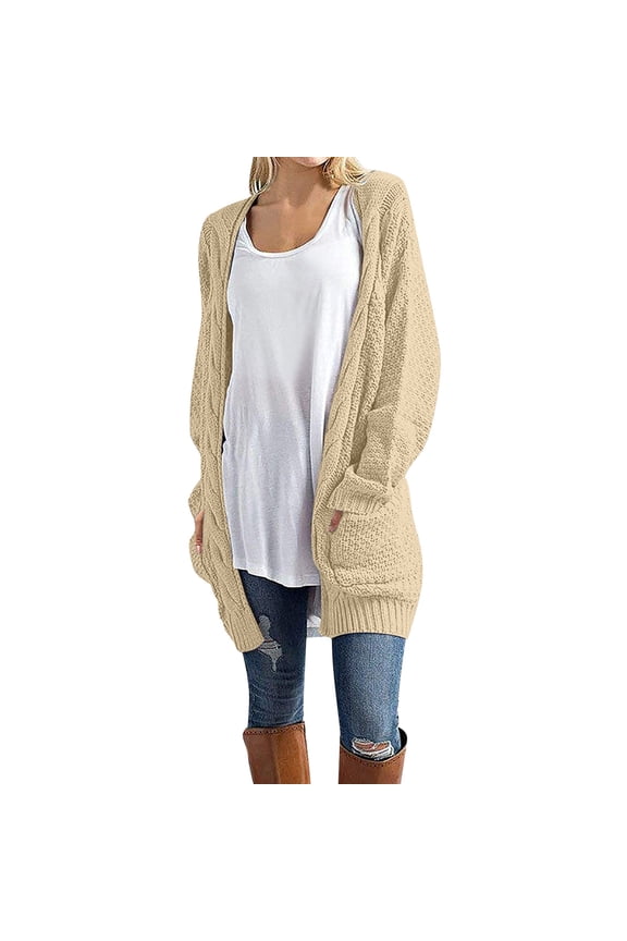 Women's Mid Length Plus Size Solid Color with Pockets Casual Sweater Knit Cardigan Outer Layer Jacket for Fall Khaki,S