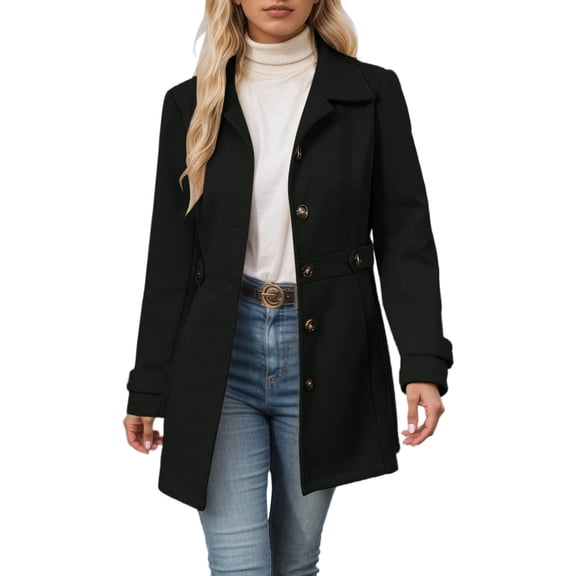AWZXDE Women's Mid Long Solid Color Elegant Wool Coat for Women Notched Collar Button Design Fashion Versatile Casual Chic Fitted Overcoat for Women for Women's Winter Coat Black,L