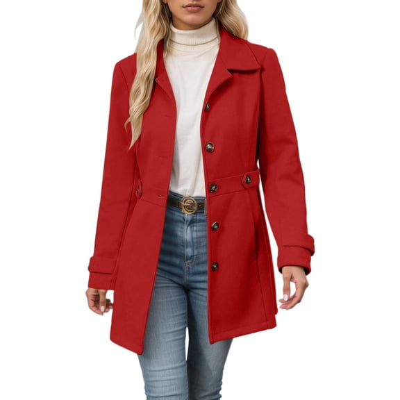 AWZXDE Women's Mid Long Solid Color Elegant Wool Coat for Women Notched Collar Button Design Fashion Versatile Casual Chic Fitted Overcoat for Women for Women's Winter Coat Red,L