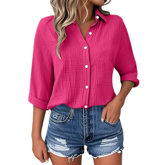 AWZXDE Women's Mid Short Sleeve Button Front Lapel Soft Comfort Casual Versatile Fashion Ordinary Everyday Wear Shirt Hot Pink,XXL