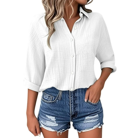AWZXDE Women's Mid Short Sleeve Button Front Lapel Soft Comfort Casual Versatile Fashion Ordinary Everyday Wear Shirt White,S