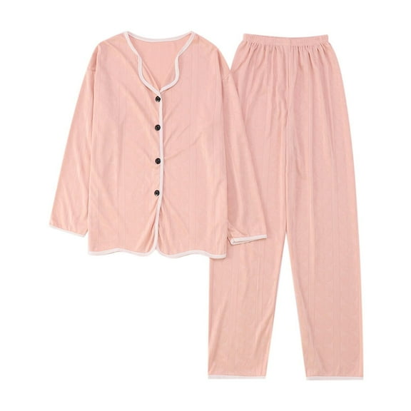 AWZXDE Women's Notch Collar Button Down Pajama Set Long Sleeve Top with Pants Relaxed Fit Sleepwear Pink,M