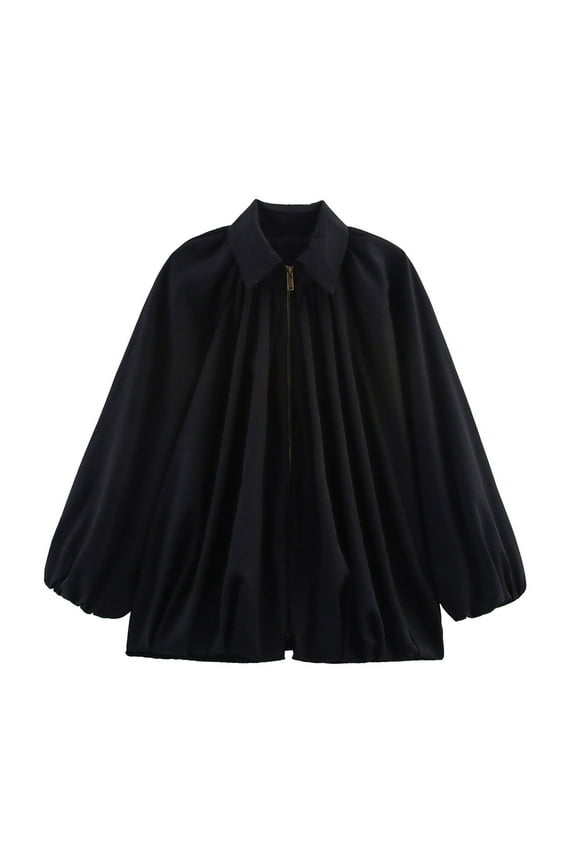 Women's Notched Collar Long Sleeve Puffy Jacket for Women Bomber Jacket for Women Fashion Zipper Short Versatile Solid Color Ruffled Puff Sleeve Daily Work Casual Coat Black,S