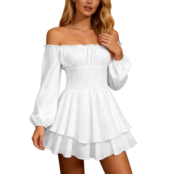 AWZXDE Women's Off-Shoulder Ruffle Long Sleeve Dress with Layered Hem and Fitted Waist for Casual French Style Everyday Wear and Comfort White,XXL