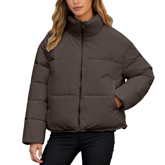 AWZXDE Women's Ordinary Casual Quilted Jacket with Pockets Zipper Solid Color Stand Collar Outdoor Versatile Fashion Lightweight Short Warm Comfort Coat Coffee,M