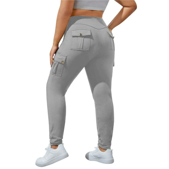 AWZXDE Women's Plus Size Utility Cargo Yoga Pants with Front & Back Pockets, High-Waisted, Stretchy Joggers for Workout & Running Grey,XXL
