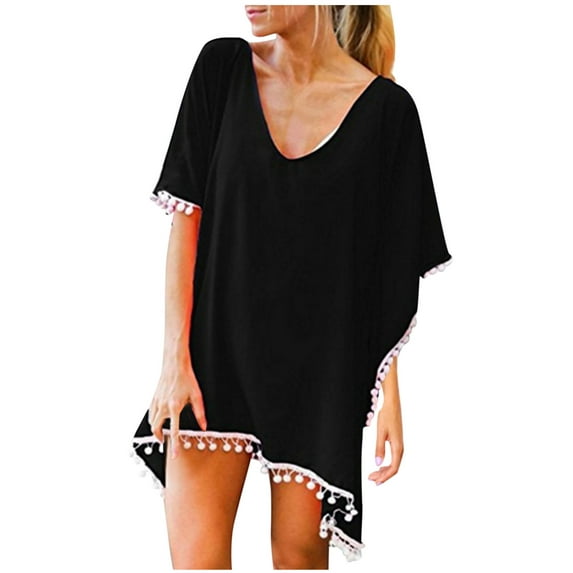 AWZXDE Women's Pure Color Chiffon Fringe Tassel Beach Cover-Up Shawl with Pom-Poms, Lightweight & Stylish Black,One Size