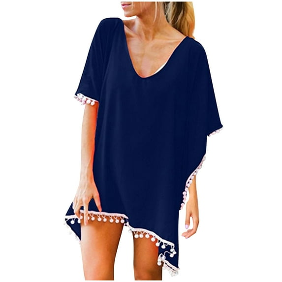AWZXDE Women's Pure Color Chiffon Fringe Tassel Beach Cover-Up Shawl with Pom-Poms, Lightweight & Stylish Navy,One Size