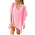 thumbnail image 1 of AWZXDE Women's Pure Color Chiffon Fringe Tassel Beach Cover-Up Shawl with Pom-Poms, Lightweight & Stylish Pink,One Size, 1 of 7