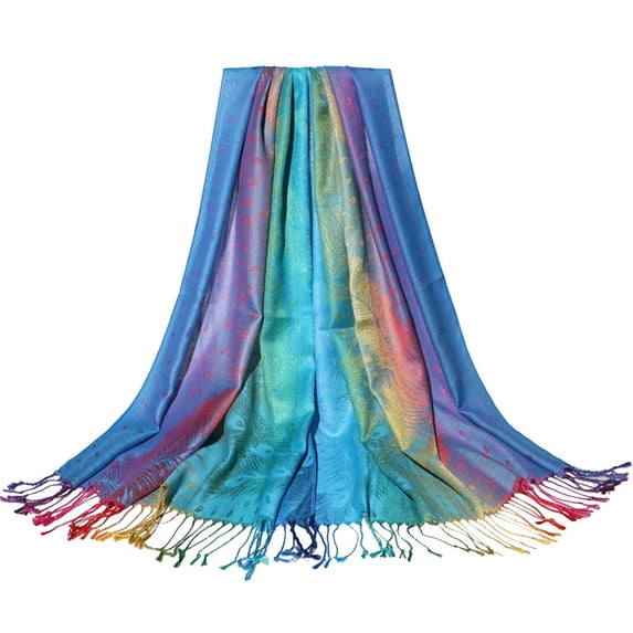 AWZXDE Women's Rainbow Ethnic Fringe Shawl Scarf - Colorful Bohemian Style Wrap for Festivals & Fashion Statements Sky Blue,One Size