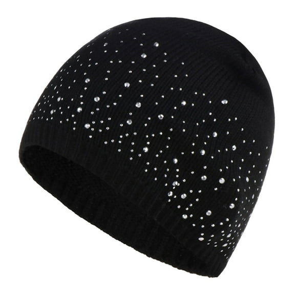 AWZXDE Women's Rhinestone Decoration Knit Hat Ribbed Design Comfortable Warm Slouchy Hat for Winter Fashion Black,One Size