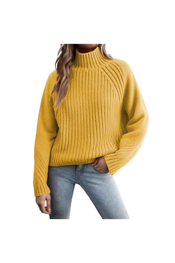 Women's Ribbed Neck Pullover Sweater, Slim Fit Solid Color Knit Top for Fall Layering, Casual Weave Stretchable Long Sleeve Basic Wear Yellow,A