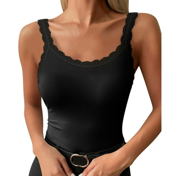 AWZXDE Women's Round Neck with Lace Trim Straps Solid Color Slim Fit High Elastic Comfortable Slim Fit Can Be Worn Alone Versatile Camisole Top Black,XL