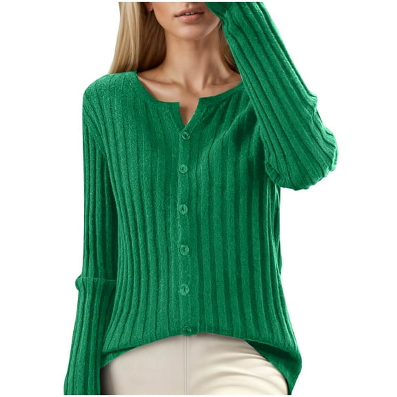 AWZXDE Women's Round Neck Long Sleeve Fashion Thick Vertical Lines Button Front Slim Fit Minimalist Fashion Knit Cardigan Sweater Dark Green,S