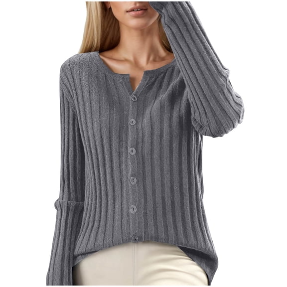 AWZXDE Women's Round Neck Long Sleeve Fashion Thick Vertical Lines Button Front Slim Fit Minimalist Fashion Knit Cardigan Sweater Grey,XXL