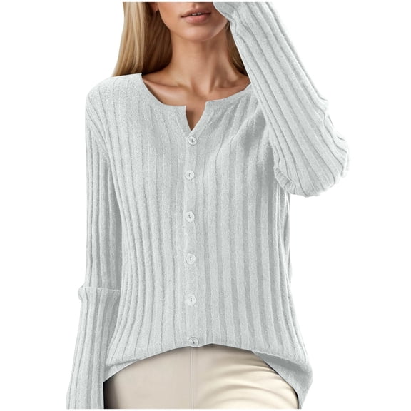 AWZXDE Women's Round Neck Long Sleeve Fashion Thick Vertical Lines Button Front Slim Fit Minimalist Fashion Knit Cardigan Sweater White,XL