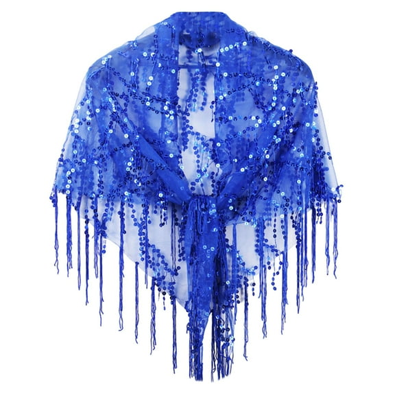 AWZXDE Women's Sequin Fringe Mesh Sparkly Tassel Sheer Cover-Up Shawl for Evening Party, Lightweight Glittery Net Bridesmaid Wrap Top Blue,One Size