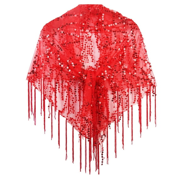 AWZXDE Women's Sequin Fringe Mesh Sparkly Tassel Sheer Cover-Up Shawl for Evening Party, Lightweight Glittery Net Bridesmaid Wrap Top Red,One Size