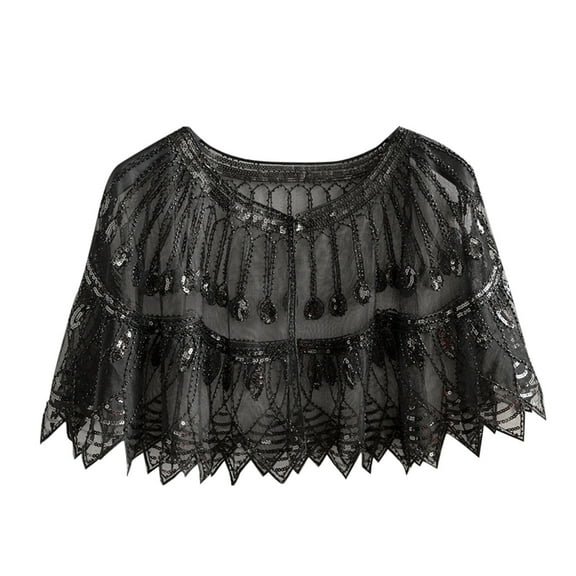 AWZXDE Women's Sheer Mesh Sequin Beaded Shawl - Lightweight Sparkly Evening Wrap for Weddings Parties Black,One Size