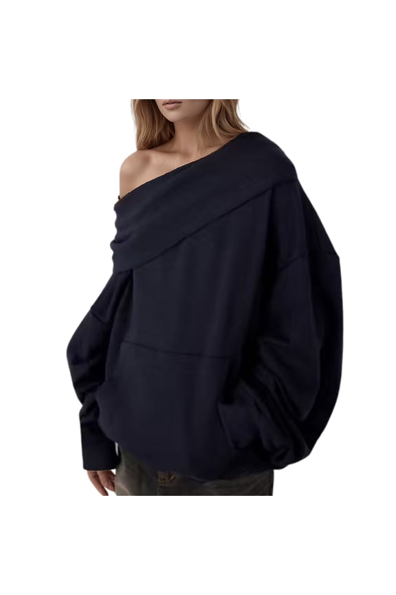Women's Off Shoulder Longline Sweater, Asymmetrical Fold Over Neck Pullover with Long Sleeves, Oversized Casual Knit Top for Versatile Wear Navy,XS