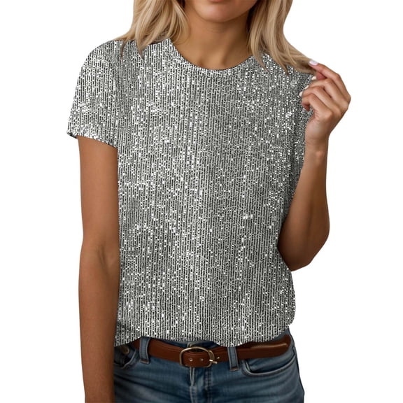 AWZXDE Women's Simple Casual Round Neck T-Shirt Fashion Shiny Sequin Short Sleeve Top Solid Color Comfortable Sequin Blouse Grey,M