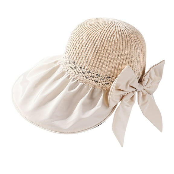 AWZXDE Women's Simple Fashion Versatile Wide Brim Round Top Sun Hat for Outdoor UV Protection with Back Opening And Bow Design White Sun Hat for Women Beige,One Size