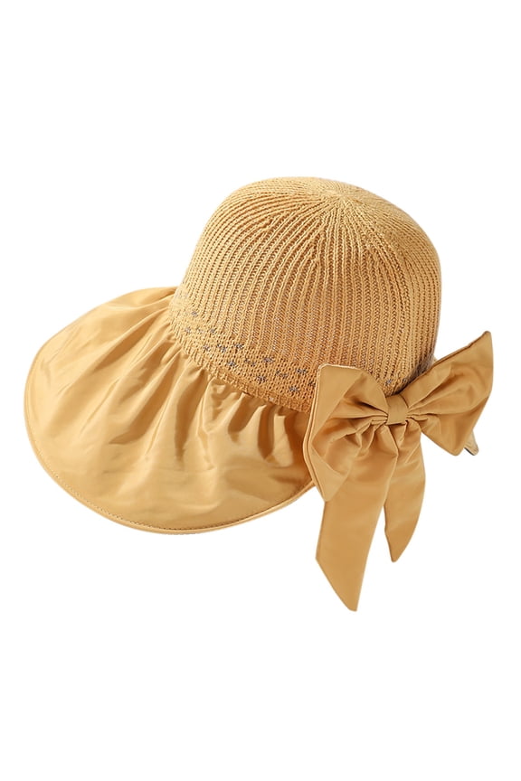 Women's Simple Fashion Versatile Wide Brim Round Top Sun Hat for Outdoor UV Protection with Back Opening And Bow Design&nbsp;White Sun Hat for Women Yellow,One Size