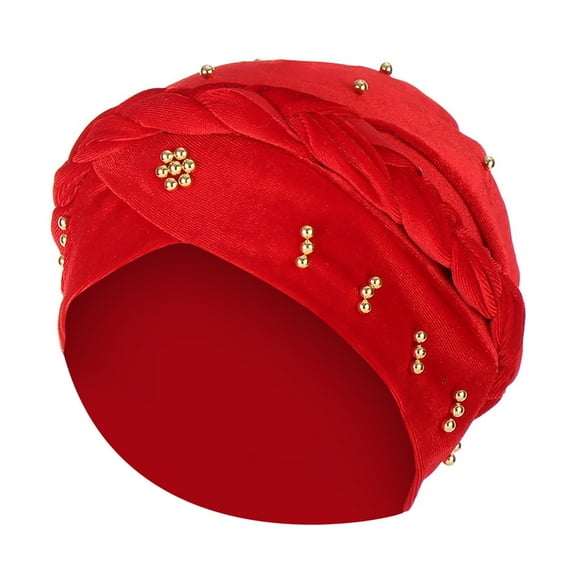 AWZXDE Women's Solid Beaded Headwrap Cap Stretchy Liner Comfortable Head Cover Red