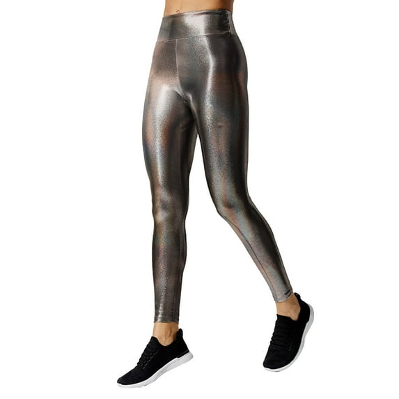 AWZXDE Women's Solid Color Bright Color Shiny Yoga Pants, Tight-Fitting, Mid-High Waist with Elasticity, Great for Workouts Rose Gold,S