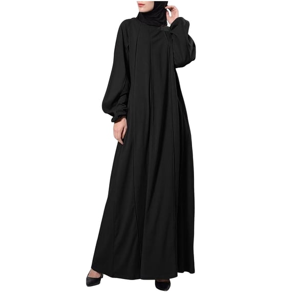 AWZXDE Women's Solid Color Casual Elegant Office Long Sleeve Dress Loose Fit Abaya Modest Simple Flowy Maxi Robe Black,S