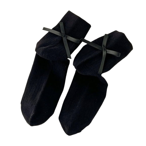 AWZXDE Women's Solid Color Comfort Warm Casual Fashion Back Bow Decoration Short Versatile Medium Crew Stackable Socks for Cute Style Black,One Size