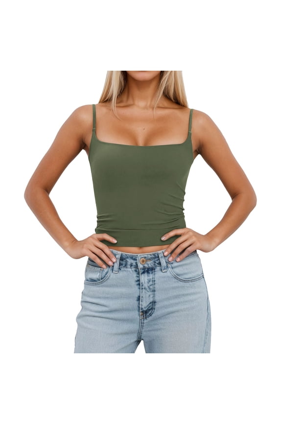 Women's Solid Color Fitted Square Neck Thin Strap Halter Top Inner Wear Detachable Pads Adjustable Sleeveless Undershirt Camisole Green,XS