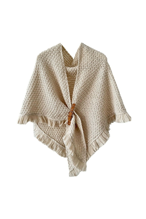 Women's Solid Color Fringe Shawl Warm Outerwear - Cozy Tassel Wrap Cardigan for Layered Winter Style Beige,One Size