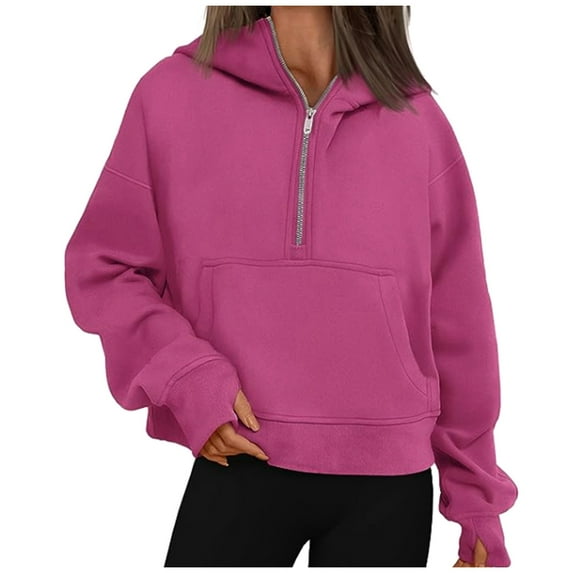 AWZXDE Women's Solid Color Half Zip Cropped Cute Hoodies Sporty Casual Long Sleeve Sweatshirts for Women with Pockets Hot Pink,S