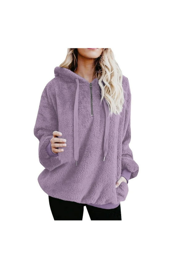 Women's Solid Color Half Zip Hooded Pullover with Drawstring Cozy Wool Lined Casual Warm Everyday Cardigan Jacket Purple,S