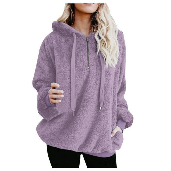 AWZXDE Women's Solid Color Half Zip Hooded Pullover with Drawstring Cozy Wool Lined Casual Warm Everyday Cardigan Jacket Purple,XL
