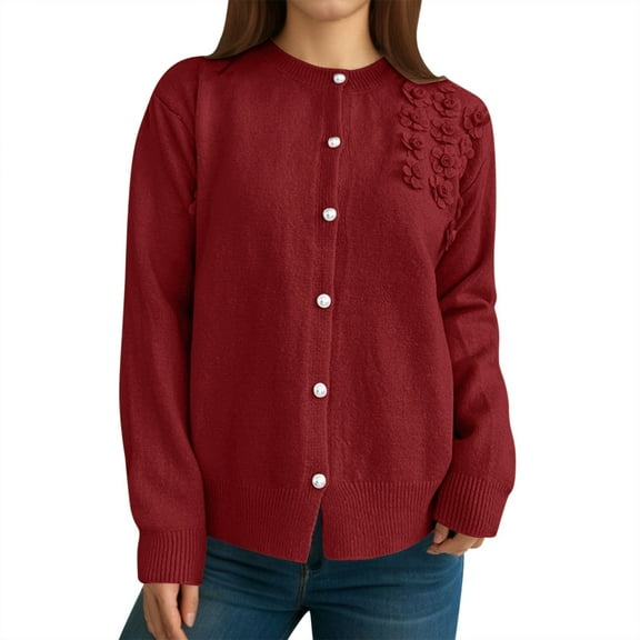 AWZXDE Women's Solid Color Knit Cardigan with Floral Embroidery, Round Neck Button Down Long Sleeve Lightweight Casual Cover-Up Red,L