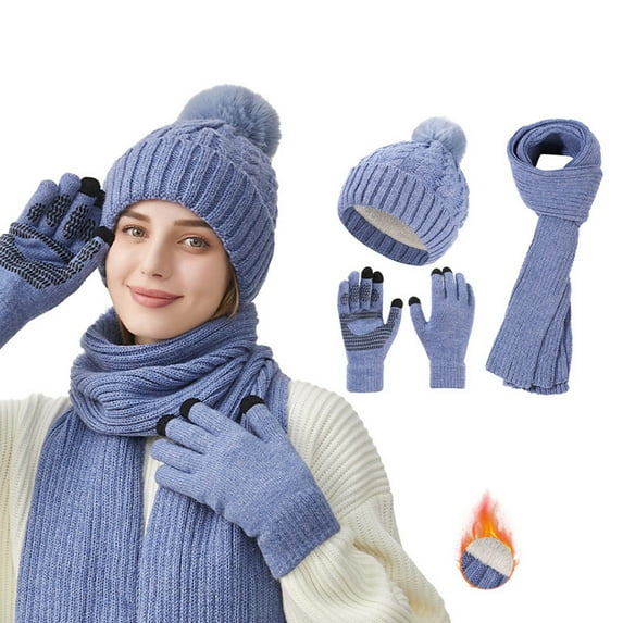AWZXDE Women's Solid Color Knit Hat Scarf Gloves Set for Winter Warmth Minimalist Fashion Versatile Accessories Cold Weather Comfy Style Blue,One Size