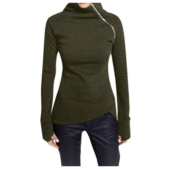 AWZXDE Women's Solid Color Long Casual Long Sleeve High-End Side Zipper Detail High Neck Comfort Fit Slim Versatile Fashion Pullover Top Army Green,L