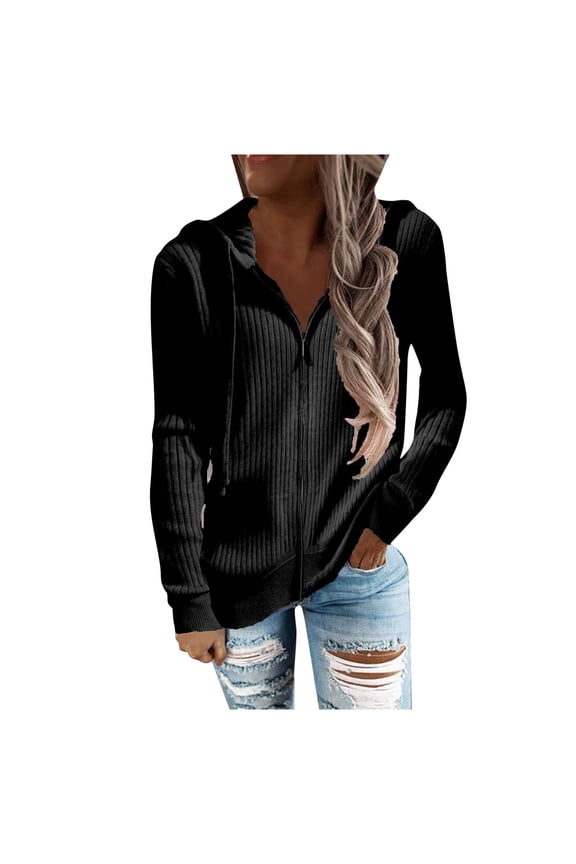 Women's Solid Color Long Sleeve Hooded with Drawstring Vertical Stripe Zipper Front Casual Versatile Fashion Stretch Comfort Cardigan Jacket Black,XL