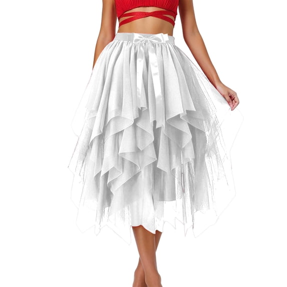 AWZXDE Women's Solid Color Ordinary Elegant Asymmetrical Hem Design Fashion Sheer Overlay Long Skirt Above Knee Midi Skirt White,M