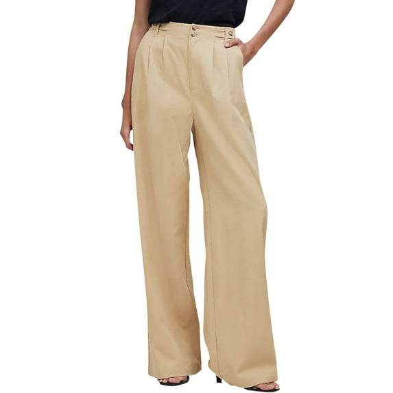 AWZXDE Women's Solid Color Pants with Buttoned Waist & Pleated Legs, Loose Breathable Wide - Leg Casual Pants, Great for Work & Leisure Khaki,L