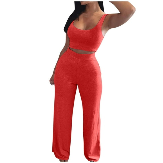 AWZXDE Women's Solid Color Tank Top with Long Pants Loungewear Set Casual Comfortable Sleepwear Red,XXL